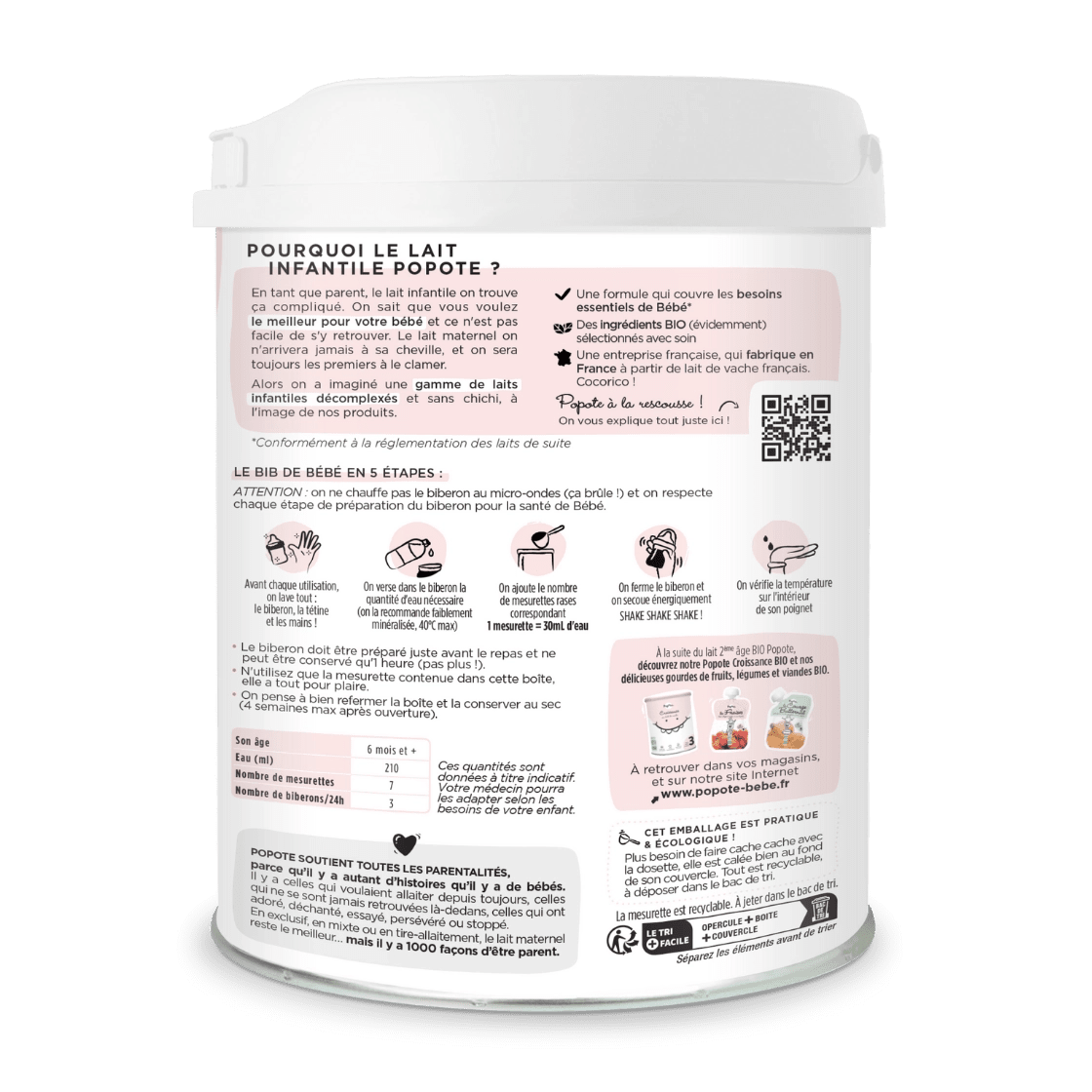 Lot de 6 laits 2ème âge 800g - Popote Bébé