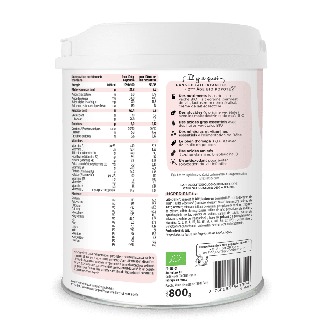Lot de 6 laits 2ème âge 800g - Popote Bébé